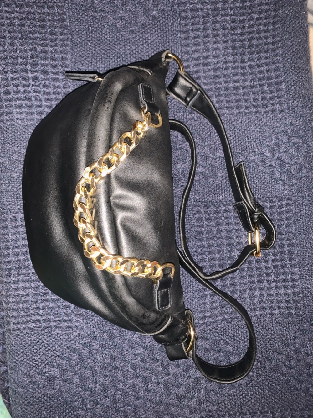 Black Leather Crossbody Belt Bag with Gold Chain
